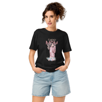 Super Mom & Baby Floral Black T-Shirt – Motherhood Magic Collection - Image 2