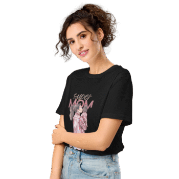 Super Mom & Baby Floral Black T-Shirt – Motherhood Magic Collection - Image 3